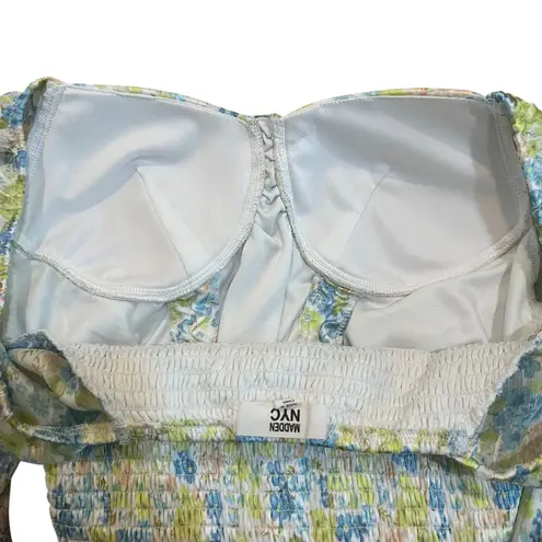 Madden NYC Smocked Long Sleeve Brami Built in Bra Blouse Crop Top Green Small