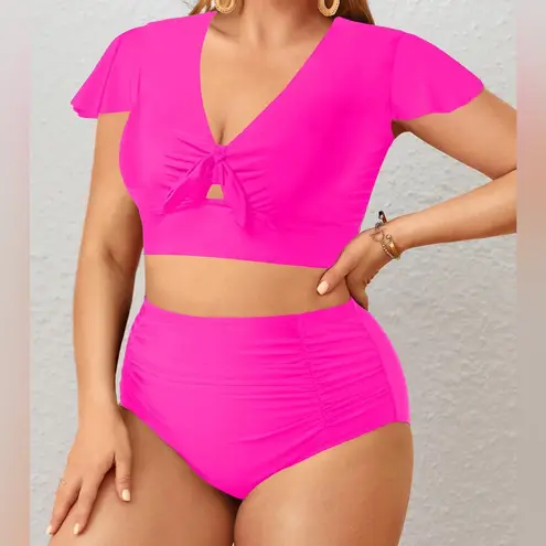 Yonique Two Piece Plus Size Bikini Set High Waisted flutter sleeve Swimwear Pink - Image 3