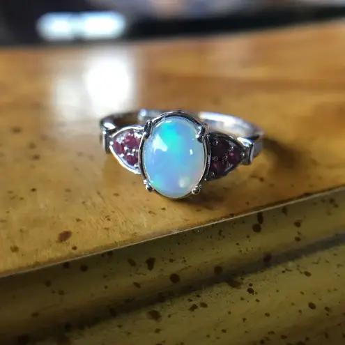 Natural Ethiopian Welo Opal Ruby Sterling Silver Ring Size 9