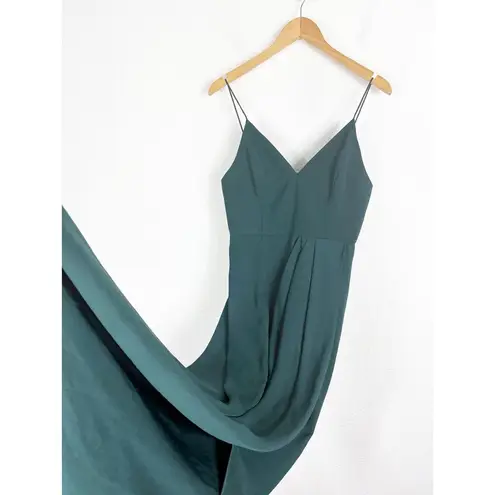 Shona joy Emerald Green Draped Satin Midi Dress Size 6 Cocktail Tulip Hem