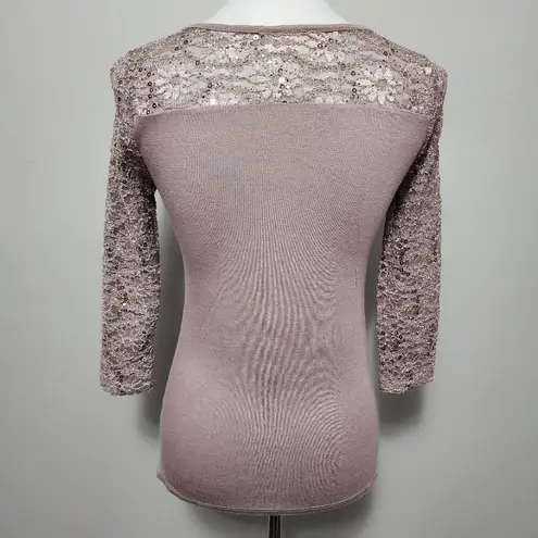 Lavish Taupe Lace Sequin With Knit Contrast ¾ Sleeve Blouse Size Small