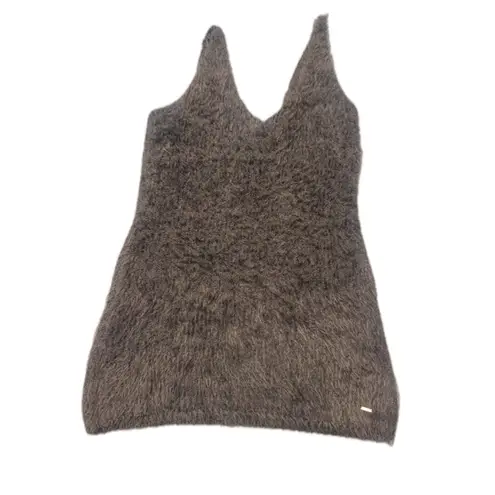 Savage Fenty Fuzzy Tank Dress Sleeveless Black V Neck Mini Dress size L Brown Size L
