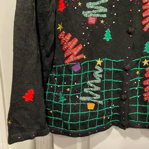 Rebecca Malone Size 1X Cotton Ramie Embellished Vintage Christmas Tree Cardigan