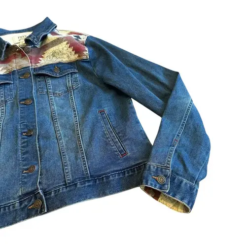 Frye And Co Denim Jean Jacket Southwestern Print Dark Wash Long Sleeve Large Blue