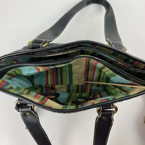 Fossil  Modern Vintage Raffia Black Rattan Leather Woven Satchel Shoulder Bag Key