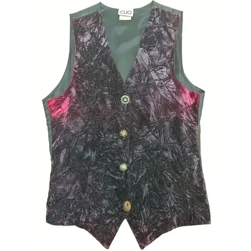 Clio Velvet Satin Sleeveless Vest Button Front Black Purple Size M Size M