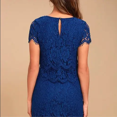 Lulus Heartbeats Blue Eyelash Trim Tiered Lace Blouse Crop Top ONLY Size XL