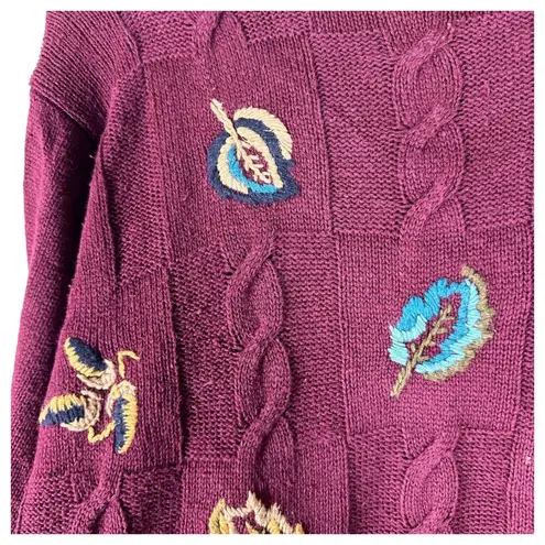 Petite Sophisticate Vintage Maroon Knit Sweater Embroidered Fall Leaves Medium