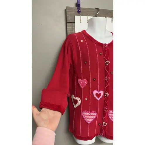 Quacker Factory The Valentine Cardigan Sweater Beaded Hearts Red/Pink Medium