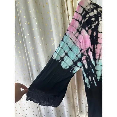 T Party Fashion T Party Women's Tie Dye Mix Media Overlock Stitch Hem Bell Sleeve Top M