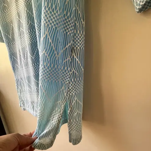 Lace Up Swim Cover Up Tunic Stretch Side Slits V Neck Semi Sheer Size L Blue Size L