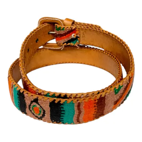 Vintage Woven Leather Belt Multicolor Southwestern Stripe Size 34 Boho Hippy EUC Orange