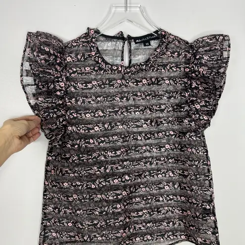 Jill Stuart Top XS Black Sheer Ruffle Sleeve Floral Mesh Blouse Romantic Chic - Image 5