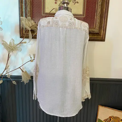 Johnny Was Alberte Oversized Embroidered White & Cream Cotton Shirt - Sz XS 💛🎀