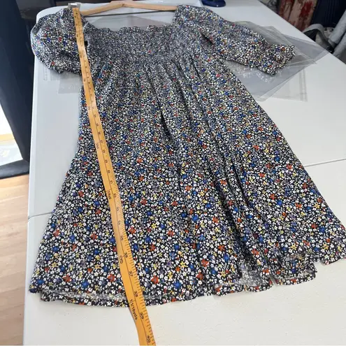 Elloh Multicolor Ditsy Floral Smocked 3/4 Puff Sleeve Tiered Midi Dress Prairie Blue Size M