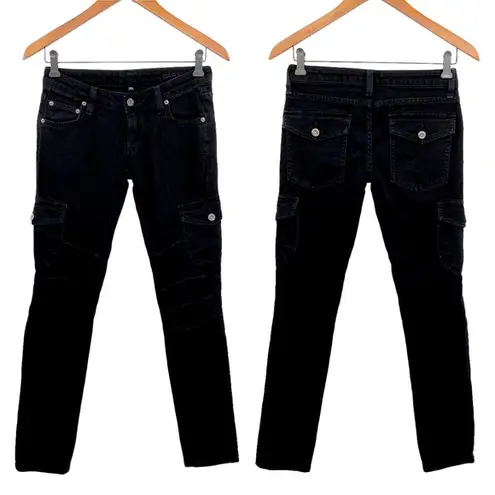Carmar Black Moto Skinny Jeans Low Rise Faded Black Cargo Pockets Womens 25"
