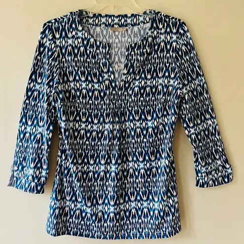 Ellie Kai Sz M Split V Neck Elbow Sleeves Pullover Stretch Blue White Blouse Top Size M