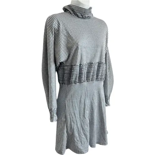 Vintage 70s Check Squares Shirred Blue Cream Tan Turtleneck Dress size S / M