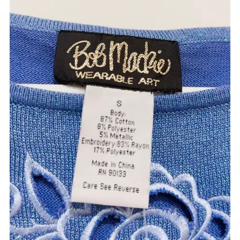 Bob Mackie Wearable Art Cut Out 3/4 Sleeves Blue Metallic Sweater Size S