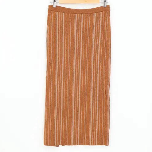 LPA Revolve Vance Midi Knit Skirt Metallic Stripe Bronze Gold Pearl Size S