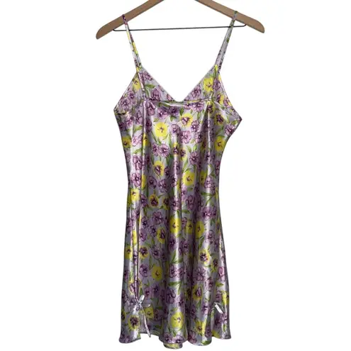 Floral Butter Yellow and Lavender Satin Nightgown Slip Dress Lingerie Chemise Purple Size undefined