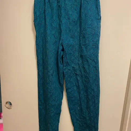 LL Bean Womens Pants M Medium Green Blue Print Leaf Leaves Elastic Waist