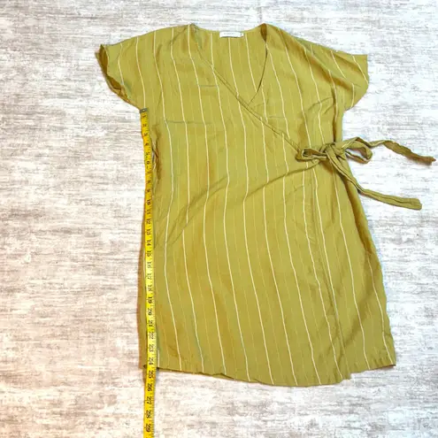 Mododoc Womens Small Stripe Linen Blend Short Sleeve Wrap Dress Summer Resort Yellow