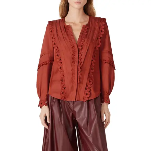 Rebecca Taylor Rustic Red Embroidered Silk Blend V-Neck Button Top size 2 - Image 14