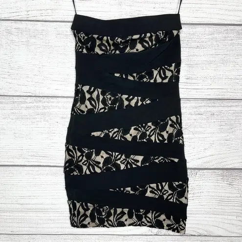 G by Guess GUESS Strapless Bandage Lace Illusion Bodycon Mini Dress Black & Cream Size XS