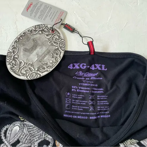 Ay Guey Historia Beaded Mexico Woman Graphic Asymmetric Hem TShirt 4XL RARE NWT Black Size 4X