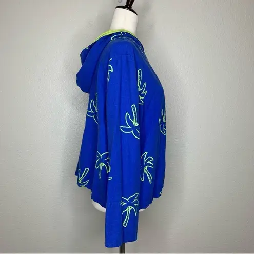 Erin London Linen Blend Vintage Blue Palm Trees Zip Up Hoodie Jacket