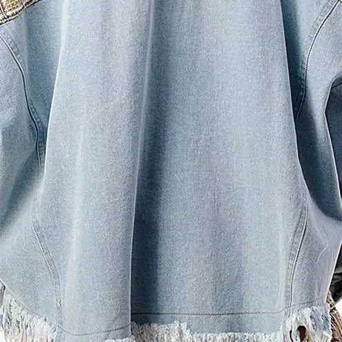 Womens Multimedia Denim Tweed Fringed Jacket sz sm Blue