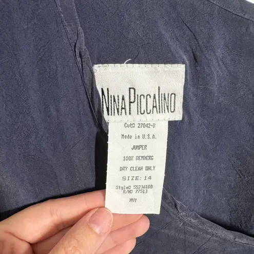 Nina Piccalino Dress 14 Navy Blue Leaf Button Tie Lagenlook Bemberg Minimal Size L