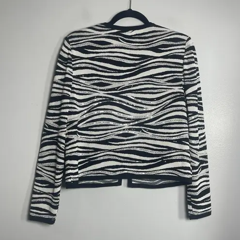 ST. JOHN Evening Knit Jacket Size 8 Black White Animal Print Embellished Jewels