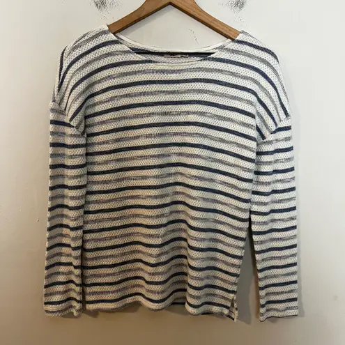 Faherty - Striped Blue White Cotton Blend Long Sleeve Scoop Neck Knit Top