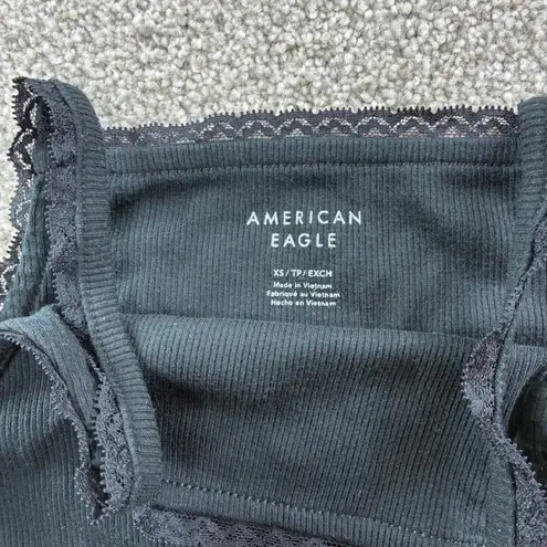 American Eagle Black Ribbed Lace Trim Cropped Tank Top Womens XS Cami Casual