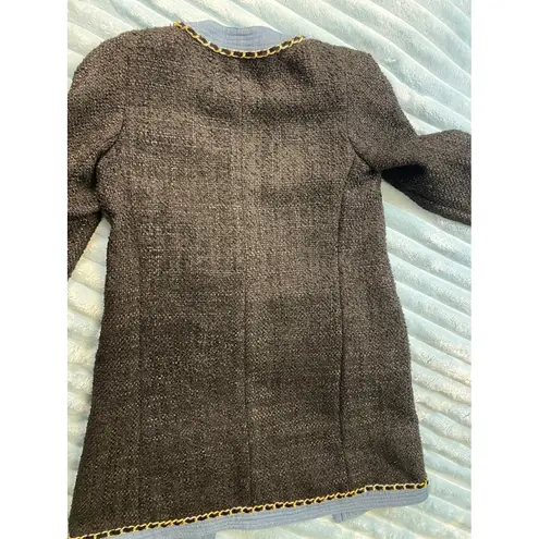 EDWARD ACHOUR PARIS Tweed Chain Trim Blazer Light Blue Trim Gold Buttons size S Brown