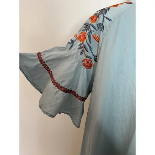 INDIKAH Embroidered Flowers Boho Cotton Tiered Blue Mini Peasant Dress Sz XS