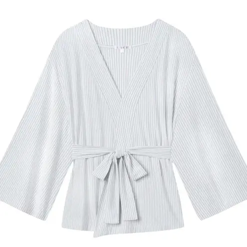 LAKE Blue & White Stripe Kimono Wrap Tie Long Sleeve Pajama Top Size XL
