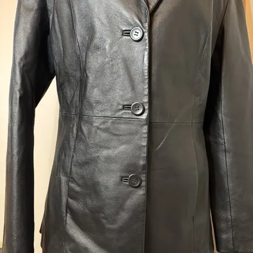 Leather Jacket Black Leather Collared Buttons Pockets Lined Size 10 VTG VG Clio