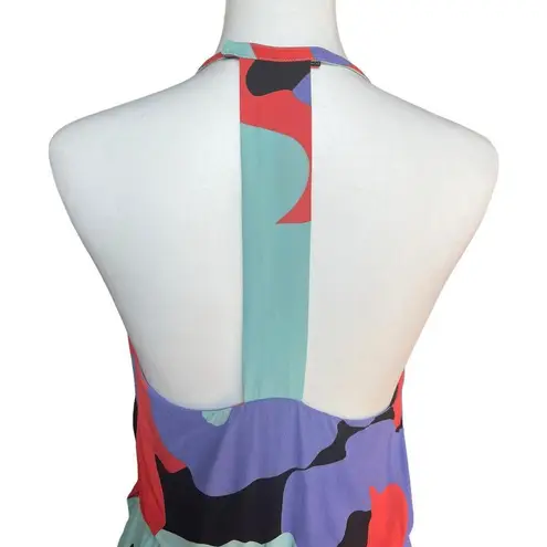 Annie Griffin Halter Neck T Back Faux Wrap Short Dress Purple Aqua Print Size 10