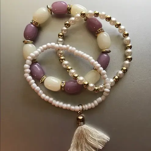 Beaded Stacked Tassel Bracelet Set Lilac 1 Set