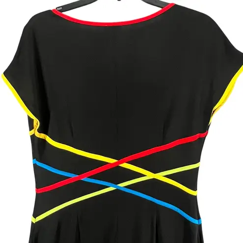 Citrine Shift Dress Women 12 Black Cap Sleeve Colorful Stripes Stretch Mod Retro
