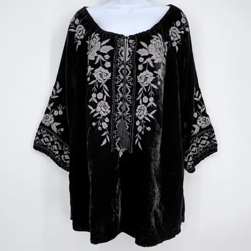 Kyla Seo Maci Blouse Top Black Velvet Embroidered Tassel Boho M Peasant NWT Size M