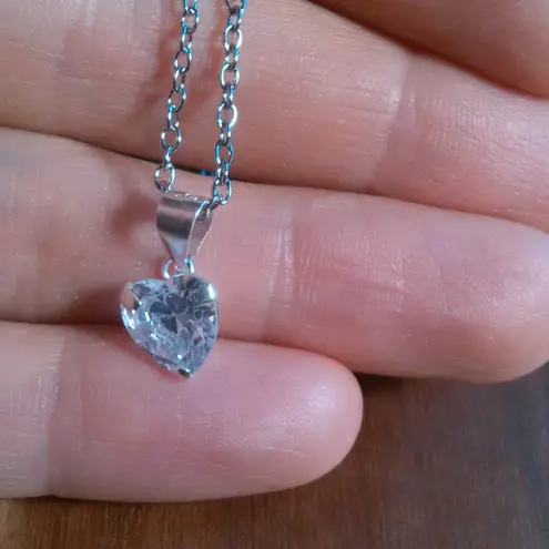 Cubic Zirconia Sterling Silver Heart Pendant Stainless Steel Necklace