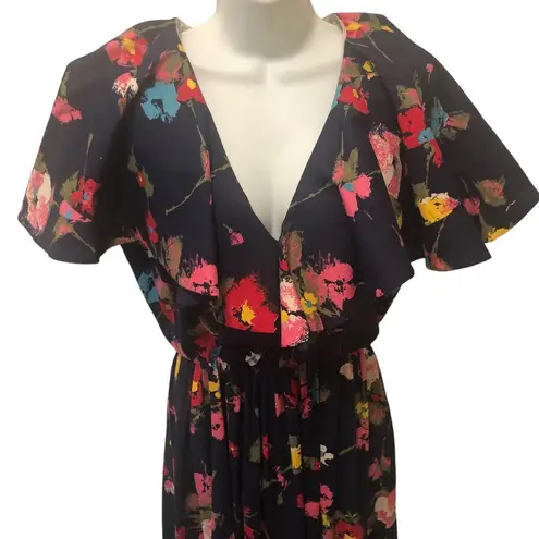 VTG 80’s Deep V Navy Floral Maxi Dress 12/14 Flowy Sleeve Collar Elastic Waist Multiple