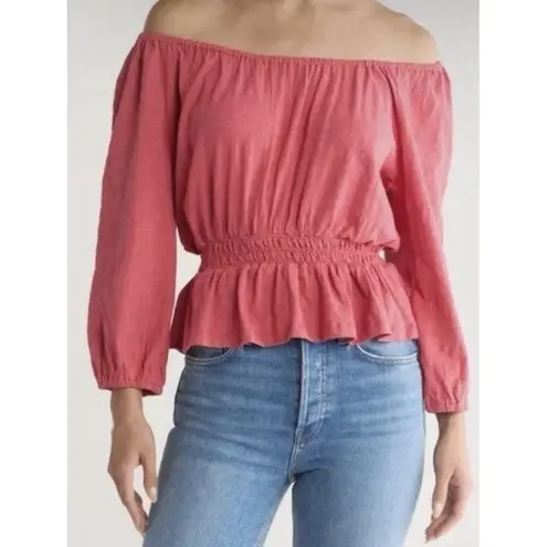 Marine layer Christiana Knit Long Sleeve Shirred Cotton Top Berry Peplum Peasant