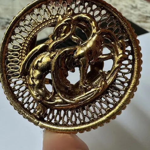 ART Signed Gold Tone Dual Brooch Pin Scarf Clip Greek Mythical Phoenix