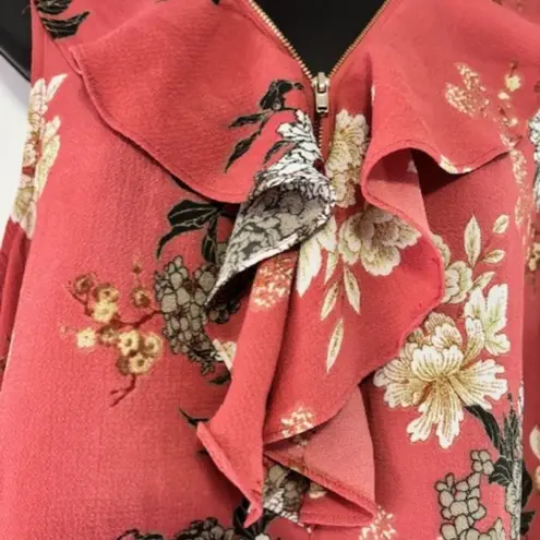 Tempted Los Angeles L Ruffle Plunging V Neck Zip Cottagecore Floral Coral Pink Red Size L
