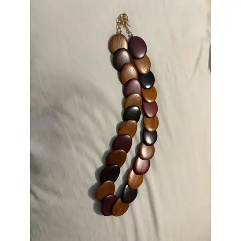 Wooden Disc Necklace and Earrings Set Brown Purple Statement Jewelry Women